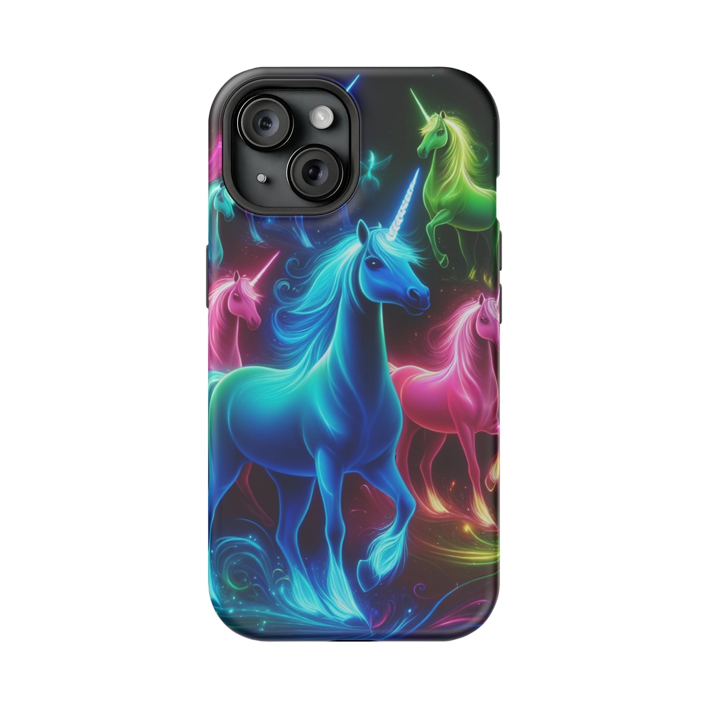 Neon Rainbow Herd. Neon Unicorns Premium Art Magsafe Magnet Tough IPhone 13 14 15 Pro Plus Max and Mini in Matte and Glossy Phone cases