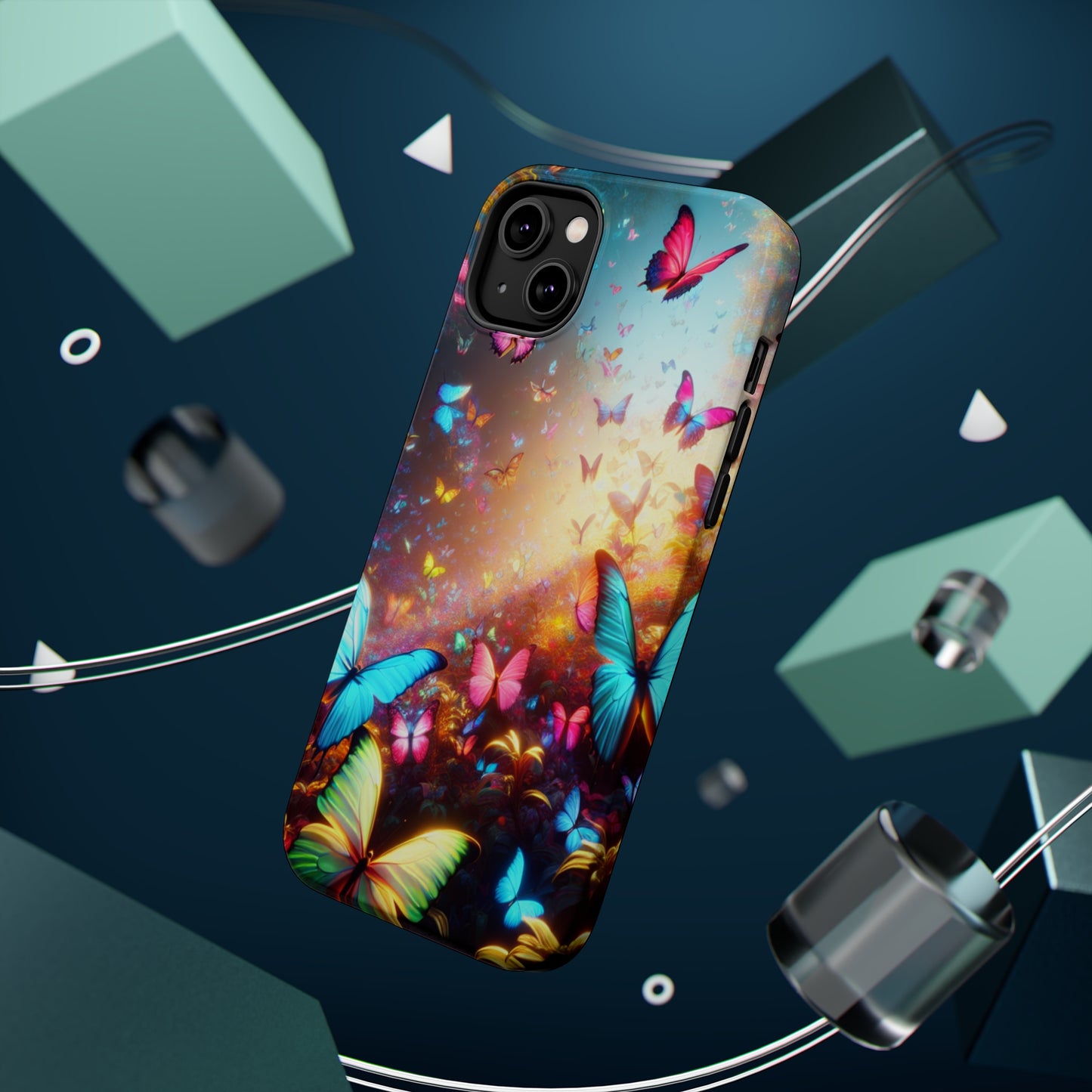 "Neon Butterfly Blooms" Neon Butterflies Premium Art Magsafe Magnet Tough IPhone 13 14 15 Pro Plus Max and Mini in Matte and Glossy Phone cases