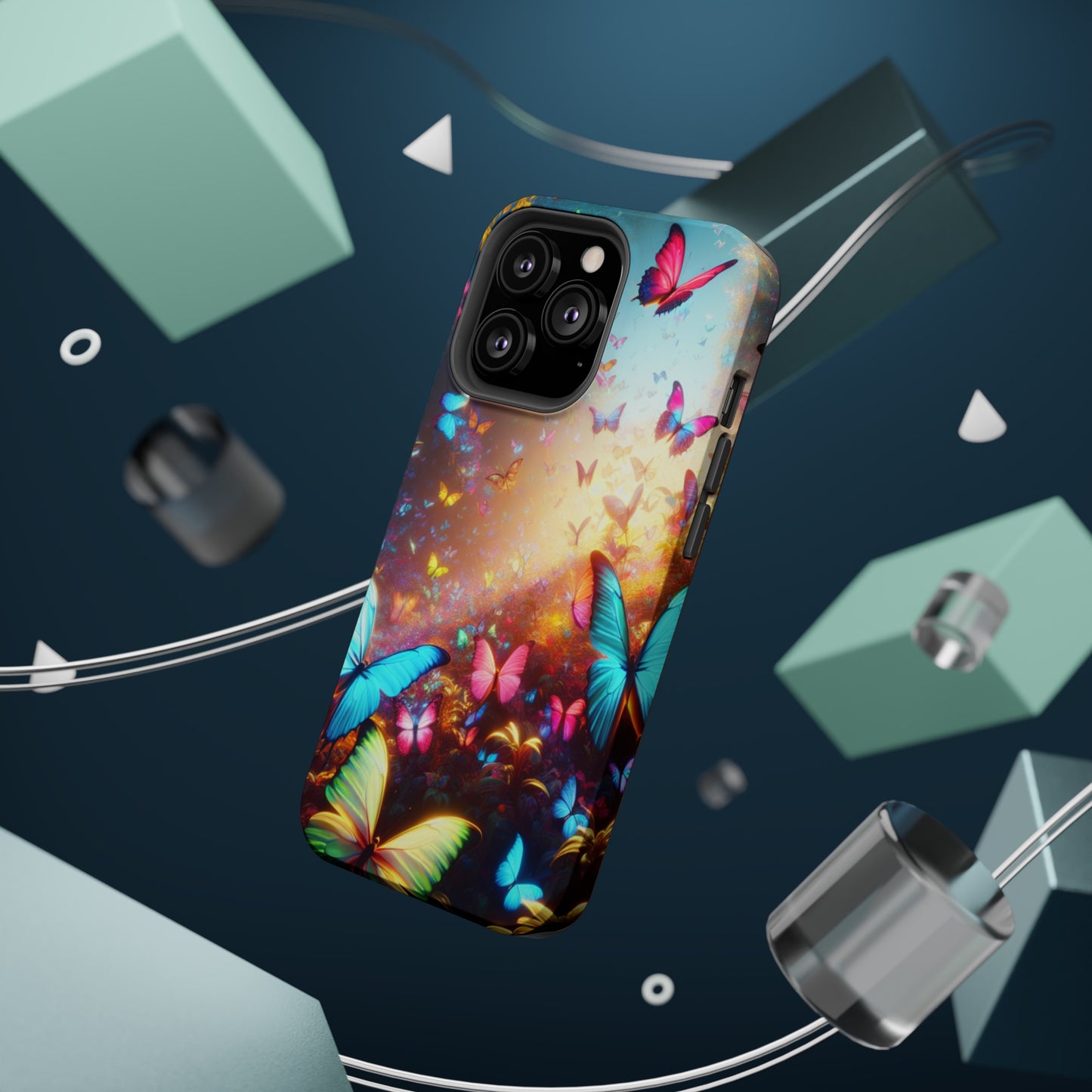 "Neon Butterfly Blooms" Neon Butterflies Premium Art Magsafe Magnet Tough IPhone 13 14 15 Pro Plus Max and Mini in Matte and Glossy Phone cases