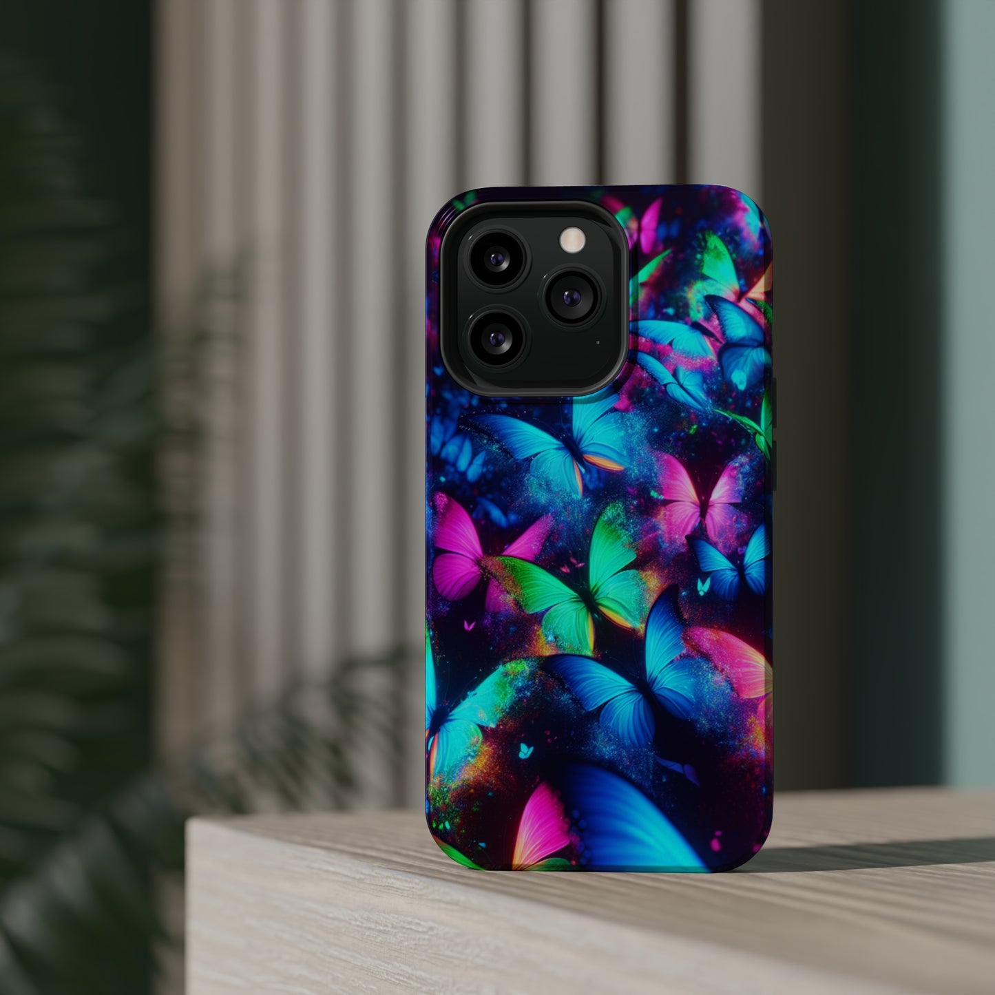 "Neon Flutterglow" Neon Butterflies Premium Art Magsafe Magnet Tough IPhone 13 14 15 Pro Plus Max and Mini in Matte and Glossy Phone cases