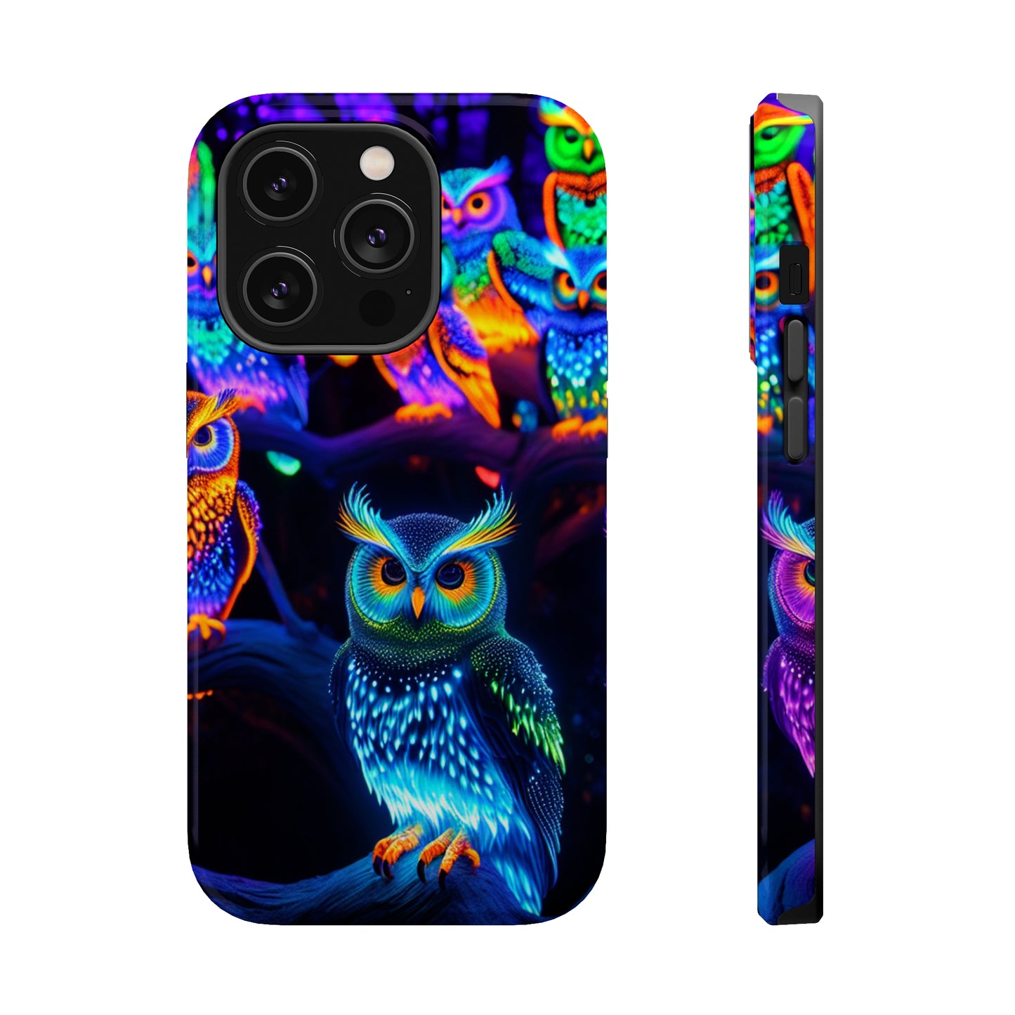 Glowing Neon Clan. Neon Owls Premium Art Magsafe Magnet Tough IPhone 13 14 15 Pro Plus Max and Mini in Matte and Glossy Phone cases