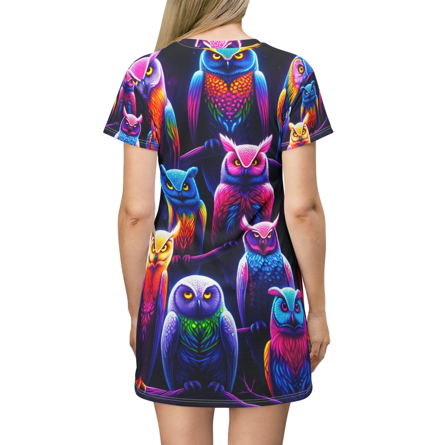 "Owlmaste of the Prismatic Night" Neon Owls Womans T Shirt Dress