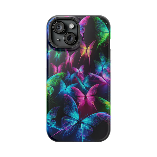 'Euphoria in Neon Flight' Neon Butterflies Premium Art Magsafe Magnet Tough IPhone 13 14 15 Pro Plus Max and Mini in Matte and Glossy Phone cases