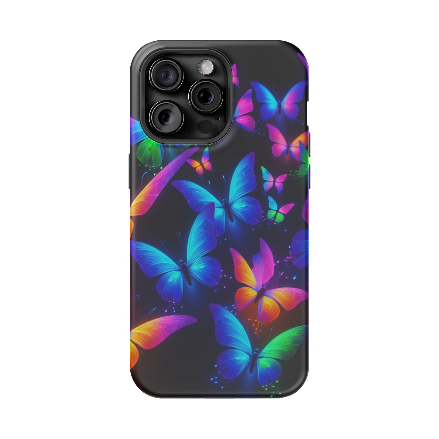 "Vibrant Neon Flutter" Neon Butterflies Premium Art Magsafe Magnet Tough IPhone 13 14 15 Pro Plus Max and Mini in Matte and Glossy Phone cases