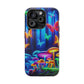"Neon Garden Delight" Neon Butterflies and Mushrooms Premium Art Magsafe Magnet Tough IPhone 13 14 15 Pro Plus Max and Mini in Matte and Glossy Phone cases