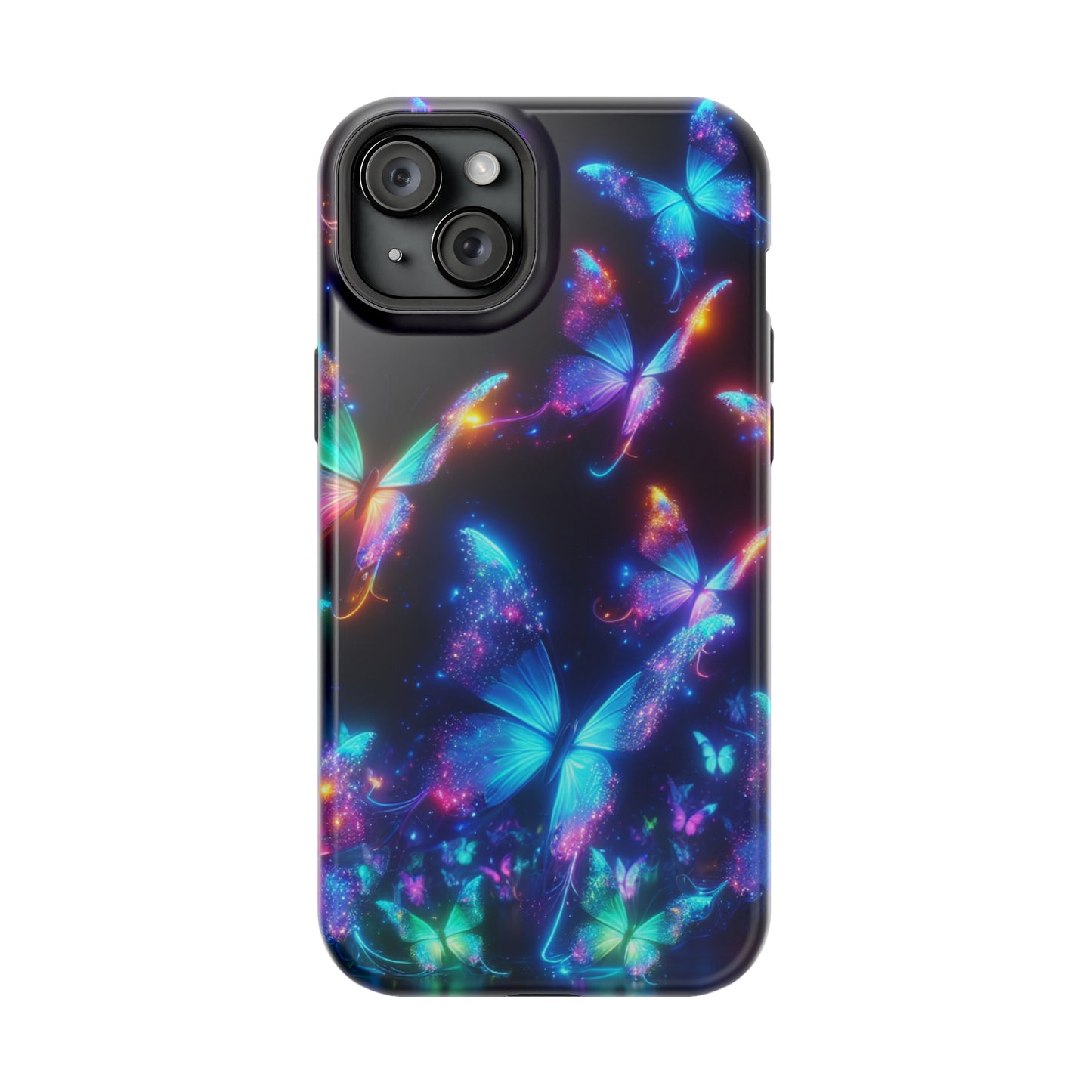 "Electrically Vivid Reverie" Neon Butterflies Premium Art Magsafe Magnet Tough IPhone 13 14 15 Pro Plus Max and Mini in Matte and Glossy Phone cases