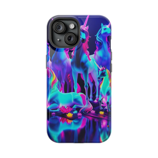 'Neon Dreamscape of Uni-Colors' Neon Unicorns Premium Art Magsafe Magnet Tough IPhone 13 14 15 Pro Plus Max and Mini in Matte and Glossy Phone cases