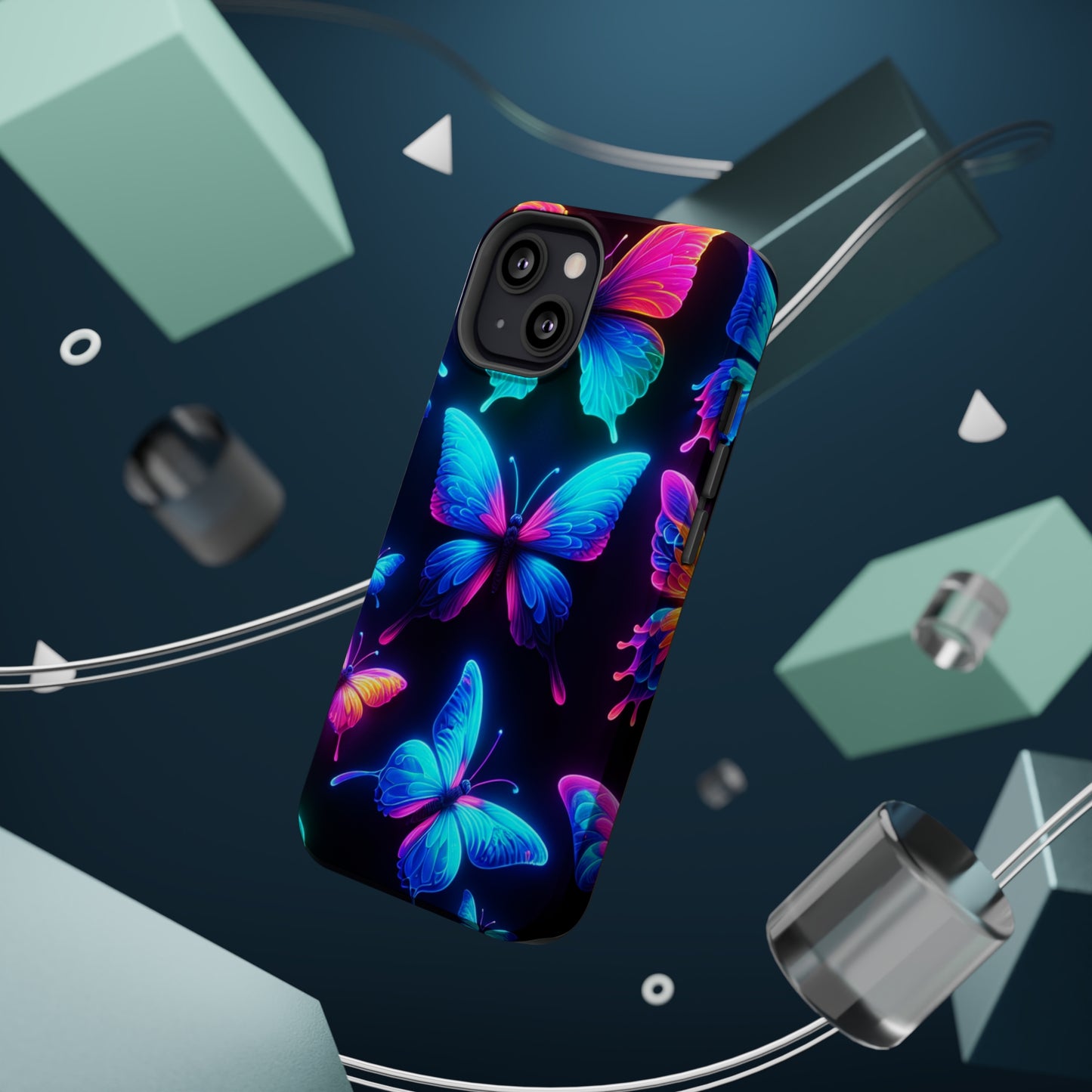 "Neon Flight Frenzy" Neon Butterflies Premium Art Magsafe Magnet Tough IPhone 13 14 15 Pro Plus Max and Mini in Matte and Glossy Phone cases