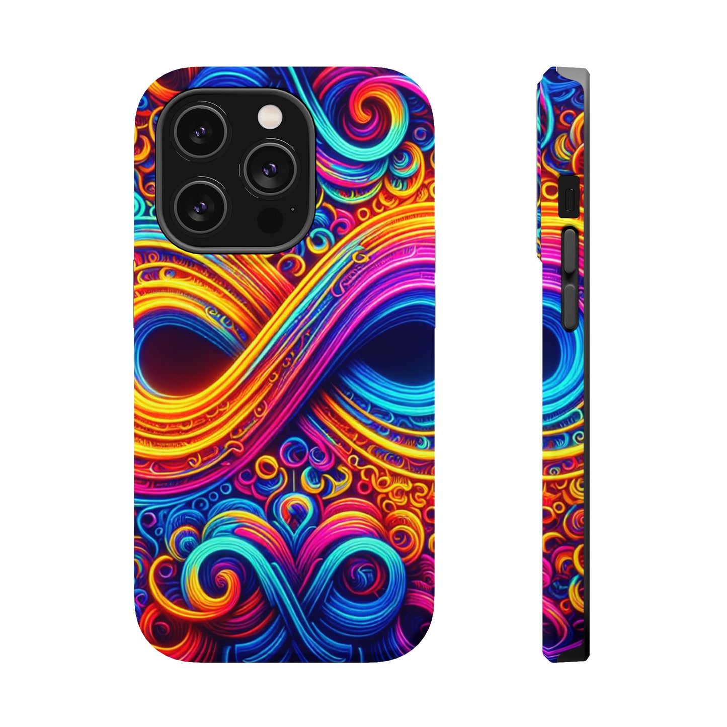 ElectroFractal Fluorescence. Neon Trippy Infinity Patterns Premium Art Magsafe Magnet Tough IPhone 13 14 15 Pro Plus Max and Mini in Matte and Glossy Phone cases