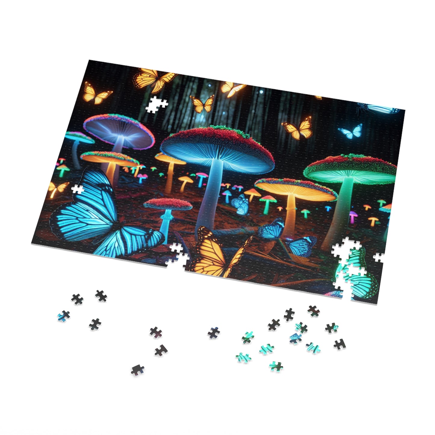 Neon Butterflydreamscape - Neon Butterflies and Mushrooms Puzzle 30, 110, 252, and 1000 Pieces