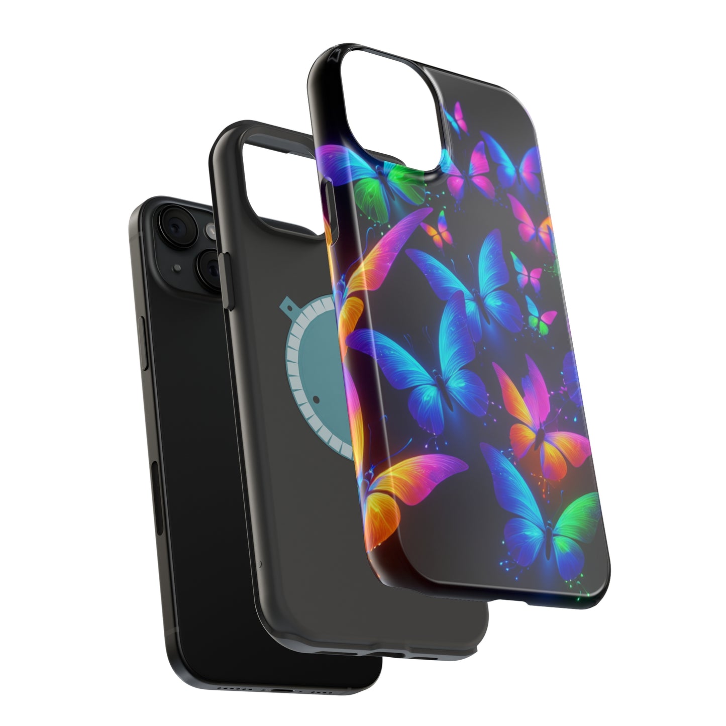 "Vibrant Neon Flutter" Neon Butterflies Premium Art Magsafe Magnet Tough IPhone 13 14 15 Pro Plus Max and Mini in Matte and Glossy Phone cases