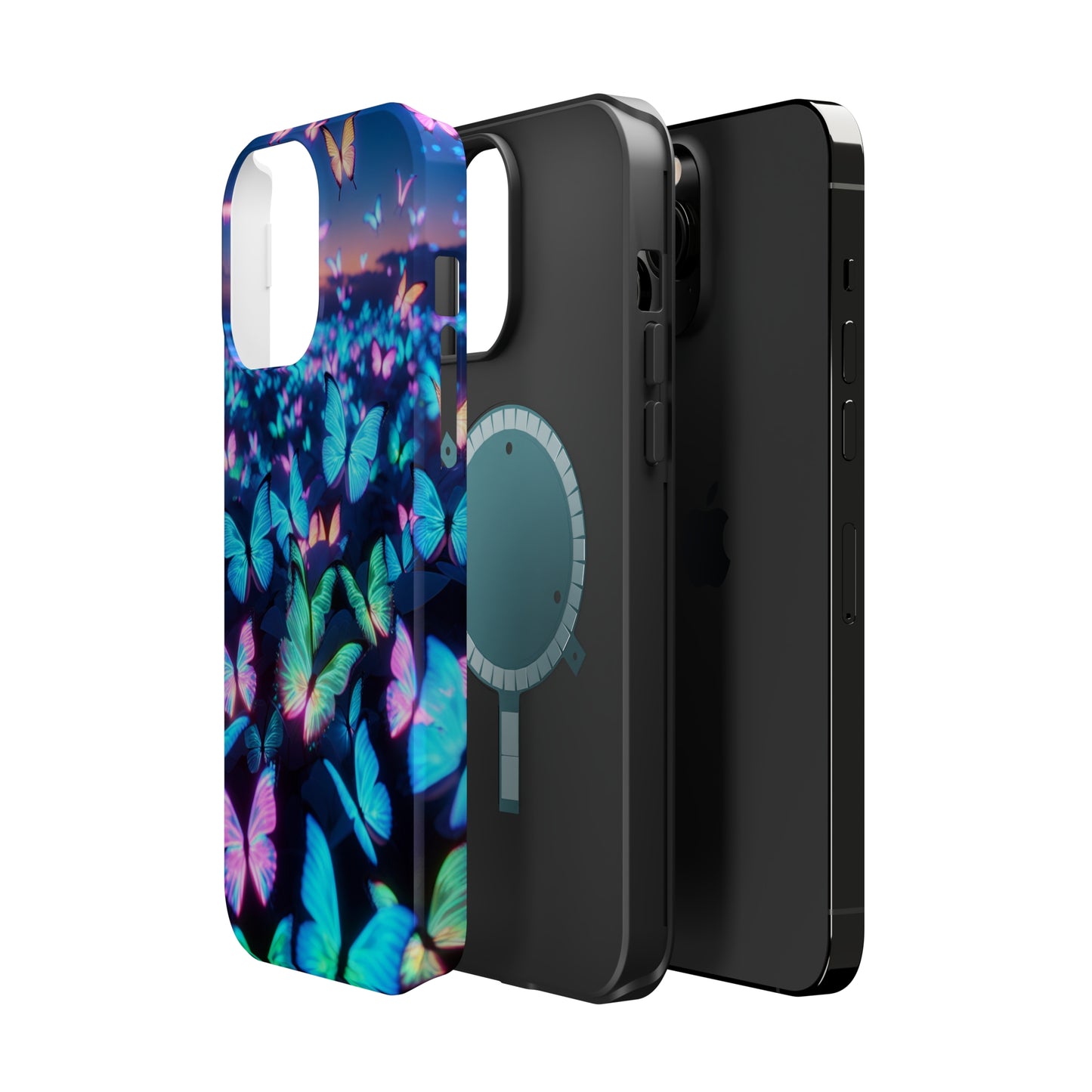 "Fantasia of Neon Butterflies" Neon Butterflies Premium Art Magsafe Magnet Tough IPhone 13 14 15 Pro Plus Max and Mini in Matte and Glossy Phone cases