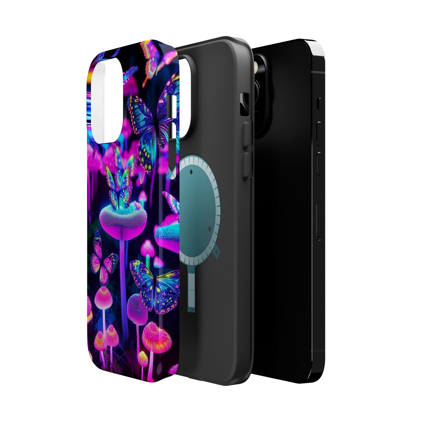 "Neon Gloomsprite Dance" Neon Butterflies and Mushrooms Premium Art Magsafe Magnet Tough IPhone 13 14 15 Pro Plus Max and Mini in Matte and Glossy Phone cases