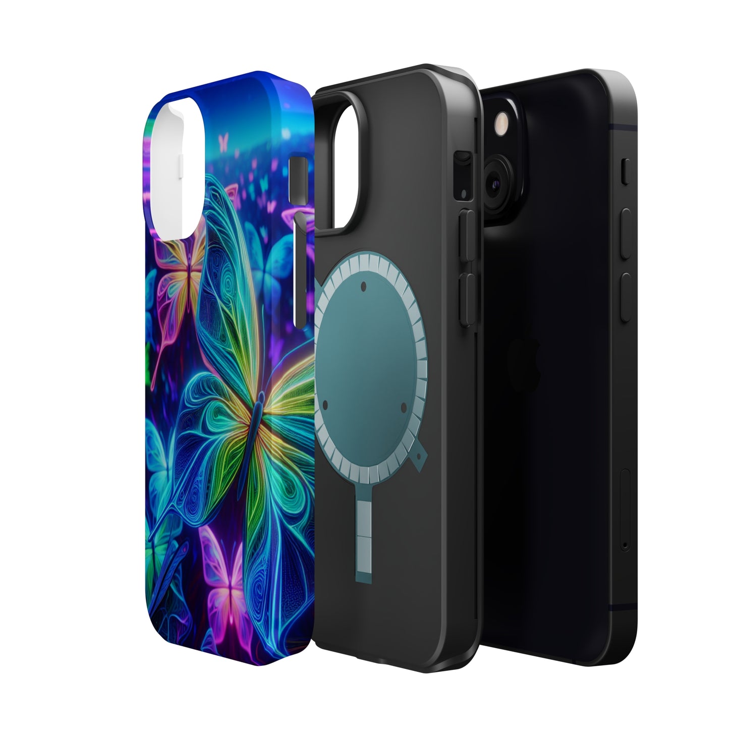 'Serene Spectacle of Neon Butterflies' Neon Butterflies Premium Art Magsafe Magnet Tough IPhone 13 14 15 Pro Plus Max and Mini in Matte and Glossy Phone cases
