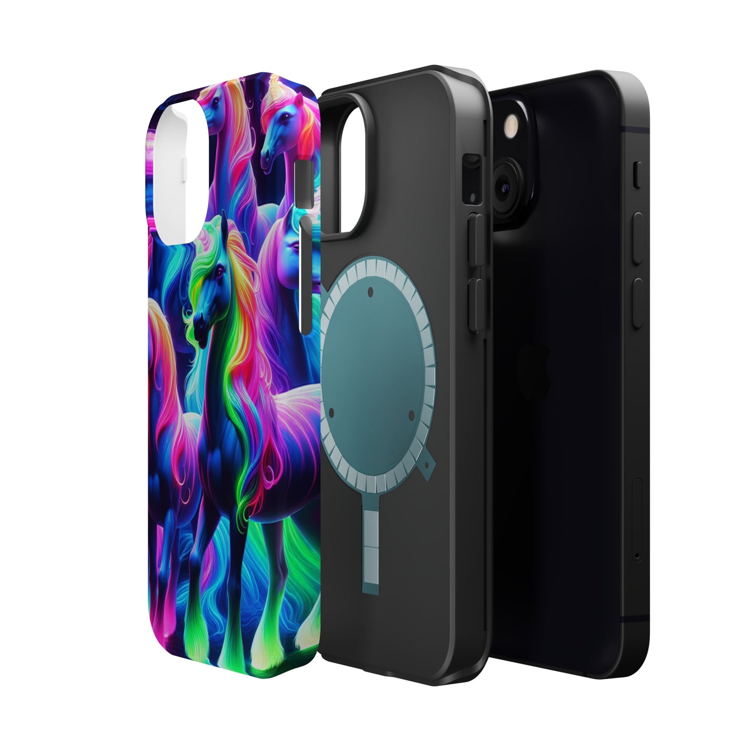 Neon Magic Skies - Unicorn Gang. Neon Unicorns Premium Art Magsafe Magnet Tough IPhone 13 14 15 Pro Plus Max and Mini in Matte and Glossy Phone cases