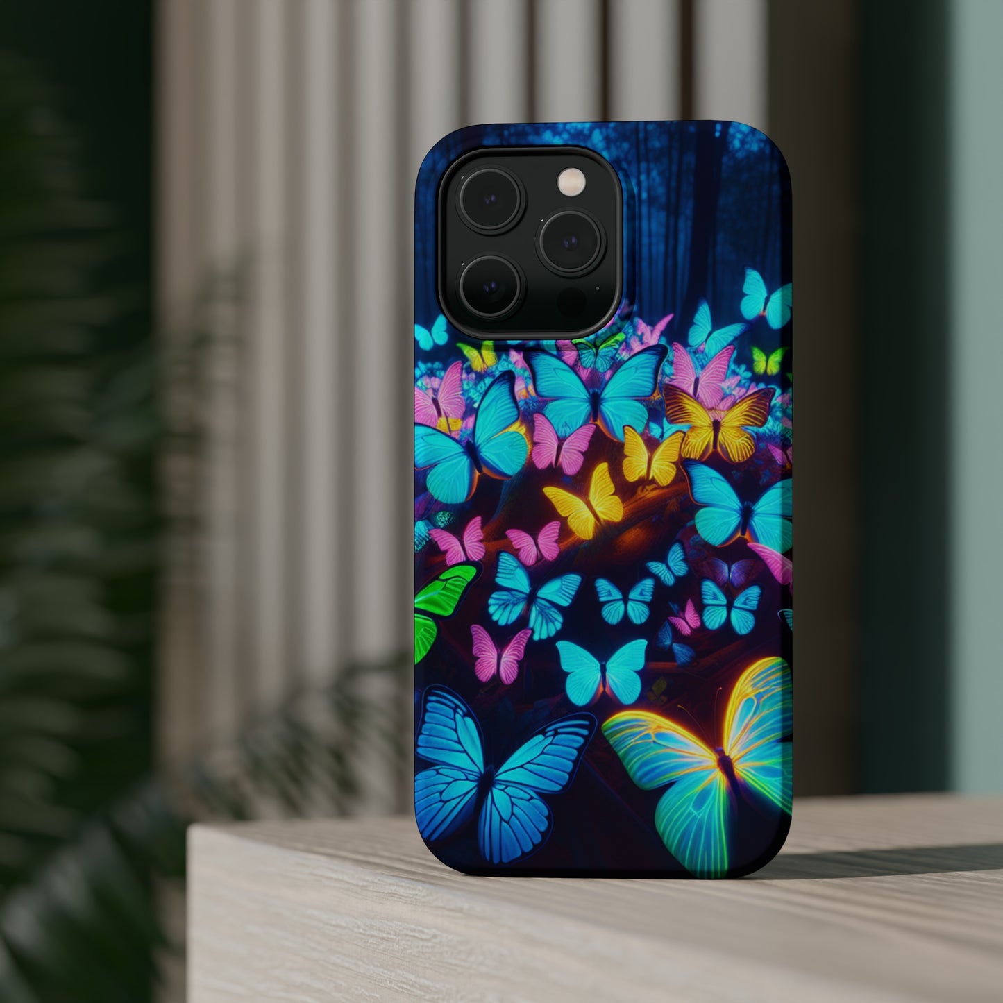 "Scintillating Swirls of Neon Butterflies" Neon Butterflies Premium Art Magsafe Magnet Tough IPhone 13 14 15 Pro Plus Max and Mini in Matte and Glossy Phone cases
