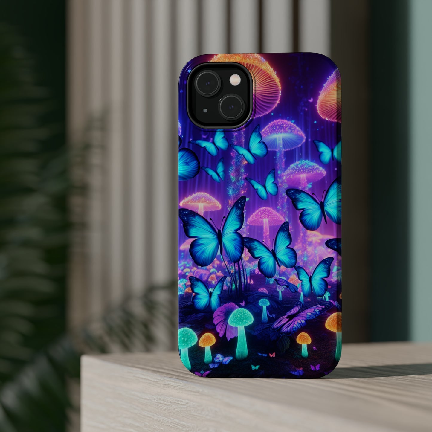 Neon Delight Landscape Neon Butterflies and Mushrooms Premium Art Magsafe Magnet Tough IPhone 13 14 15 Pro Plus Max and Mini in Matte and Glossy Phone cases