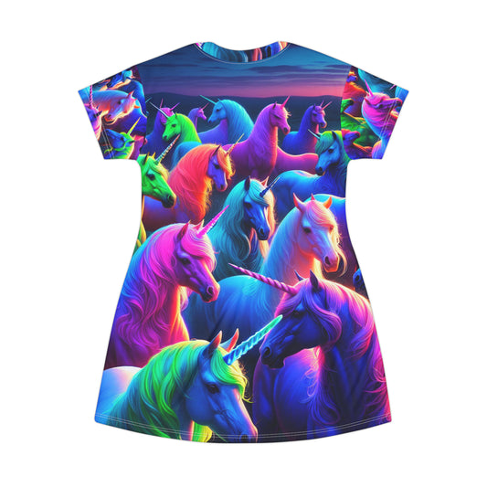 Neon Dreamscape: A Technicolor Unicorn Odyssey. Neon Unicorns Womans T Shirt Dress
