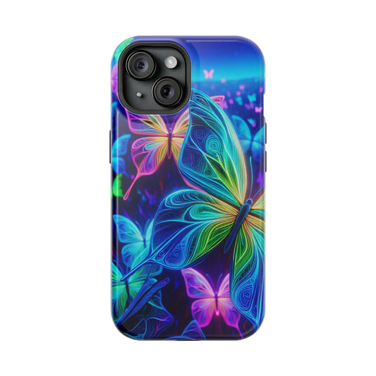 'Serene Spectacle of Neon Butterflies' Neon Butterflies Premium Art Magsafe Magnet Tough IPhone 13 14 15 Pro Plus Max and Mini in Matte and Glossy Phone cases