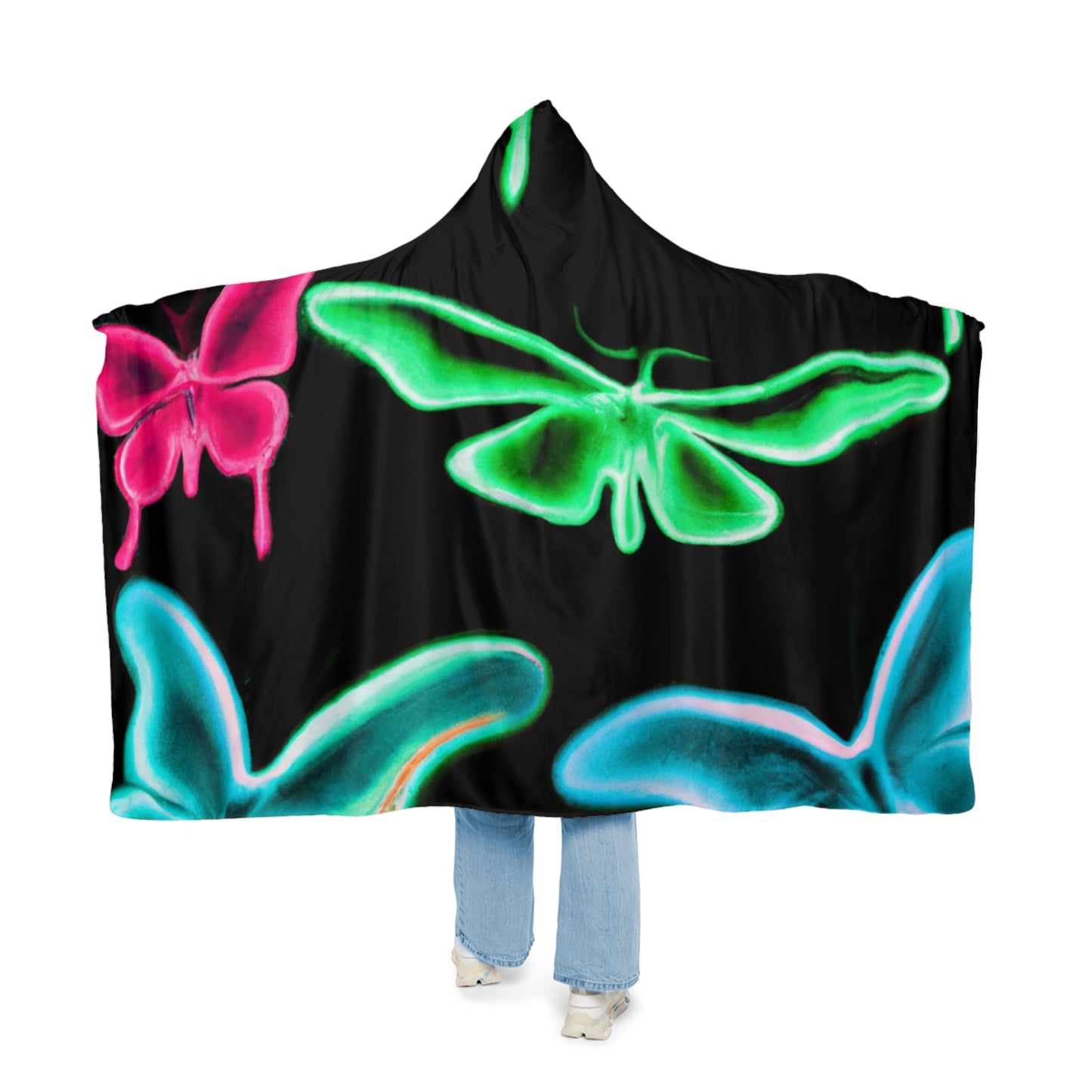 "Neon Splendor" - NEON Butterflies Art Hooded Snuggle Blanket