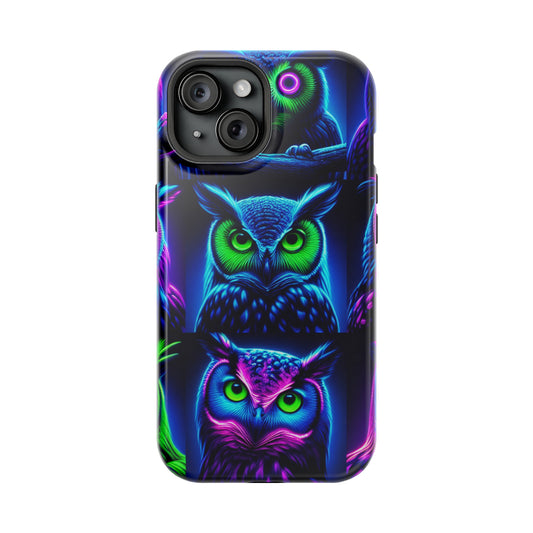 "Neon Nocturne" Neon Owls Premium Art Magsafe Magnet Tough IPhone 13 14 15 Pro Plus Max and Mini in Matte and Glossy Phone cases
