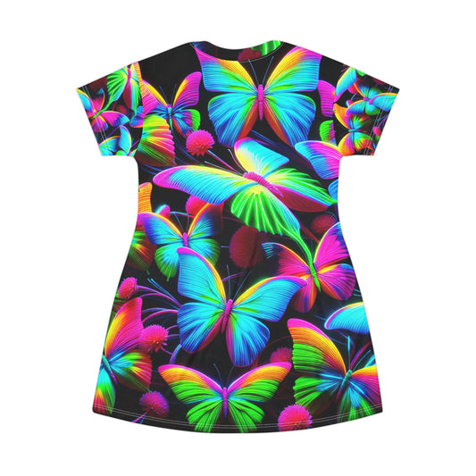 "Shimmering Prismatic Butterfly Flurry" Neon Butterflies Womans T Shirt Dress