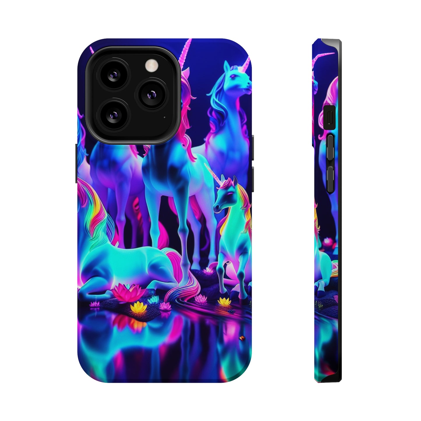 'Neon Dreamscape of Uni-Colors' Neon Unicorns Premium Art Magsafe Magnet Tough IPhone 13 14 15 Pro Plus Max and Mini in Matte and Glossy Phone cases