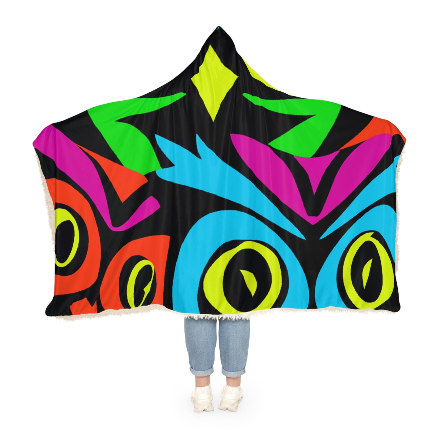 "Midnight Rainbow Illumination" - NEON Owls Art Hooded Snuggle Blanket