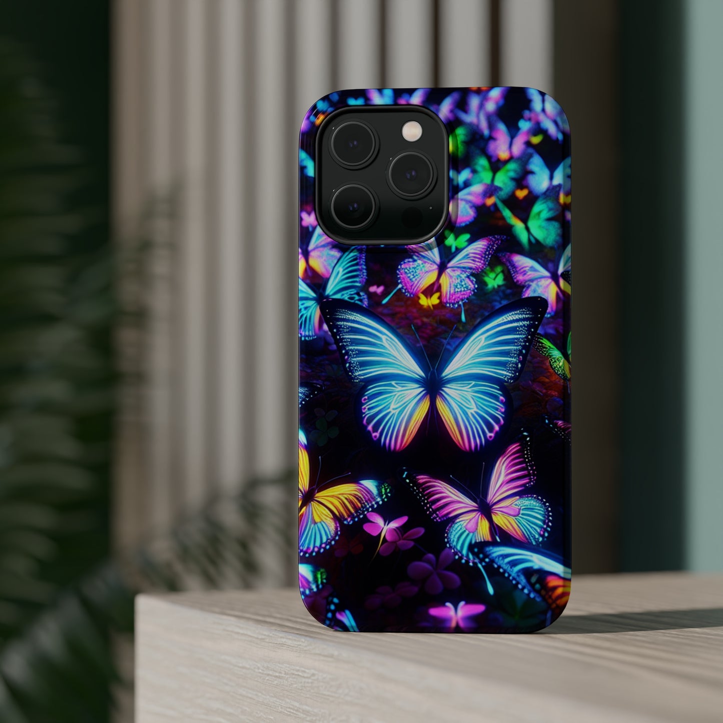 "Neon Butterflies in the Night Sky" Neon Butterflies Premium Art Magsafe Magnet Tough IPhone 13 14 15 Pro Plus Max and Mini in Matte and Glossy Phone cases