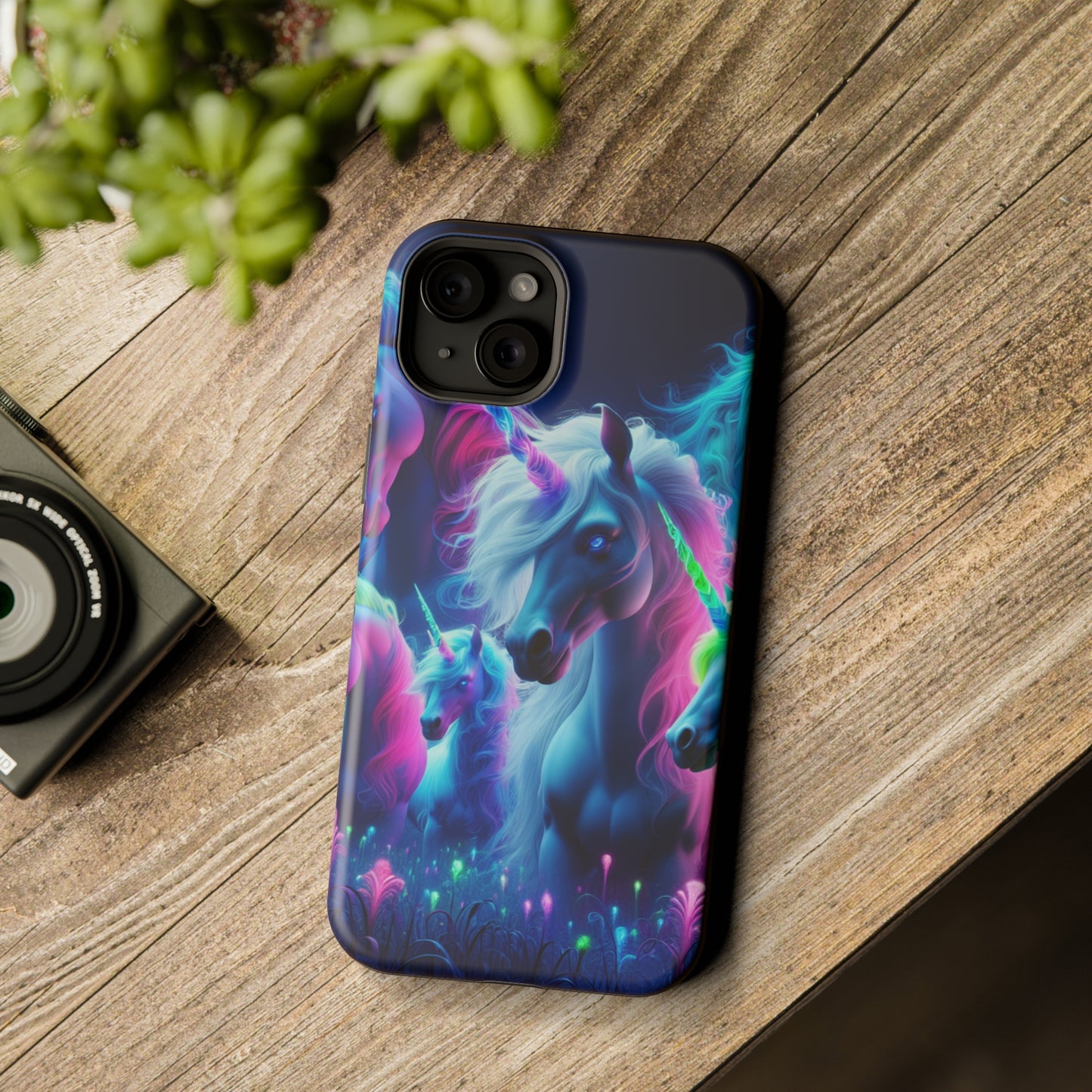 "Unicorn Flux-scape" Neon Unicorns Premium Art Magsafe Magnet Tough IPhone 13 14 15 Pro Plus Max and Mini in Matte and Glossy Phone cases