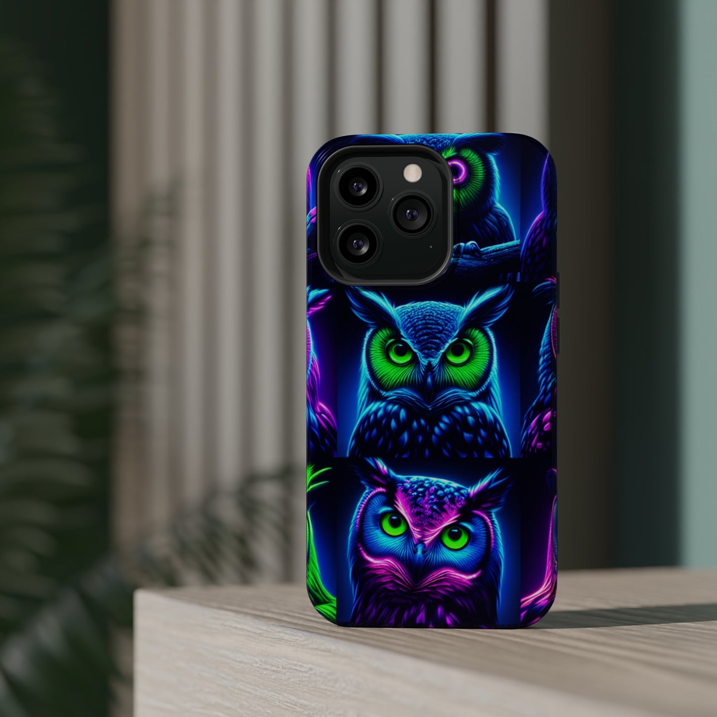 "Neon Nocturne" Neon Owls Premium Art Magsafe Magnet Tough IPhone 13 14 15 Pro Plus Max and Mini in Matte and Glossy Phone cases