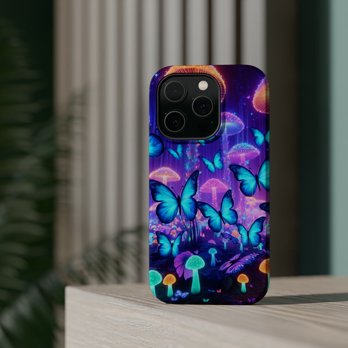 Neon Delight Landscape Neon Butterflies and Mushrooms Premium Art Magsafe Magnet Tough IPhone 13 14 15 Pro Plus Max and Mini in Matte and Glossy Phone cases