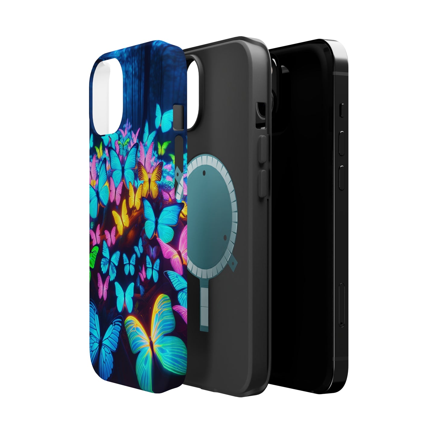 "Scintillating Swirls of Neon Butterflies" Neon Butterflies Premium Art Magsafe Magnet Tough IPhone 13 14 15 Pro Plus Max and Mini in Matte and Glossy Phone cases