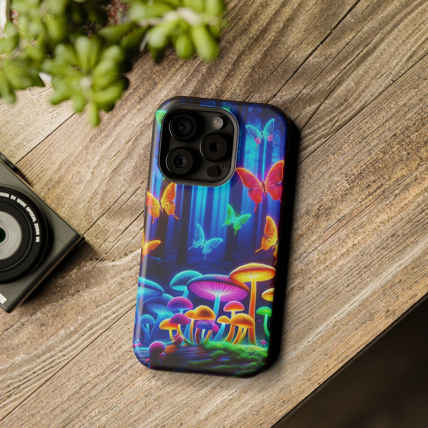 "Neon Garden Delight" Neon Butterflies and Mushrooms Premium Art Magsafe Magnet Tough IPhone 13 14 15 Pro Plus Max and Mini in Matte and Glossy Phone cases