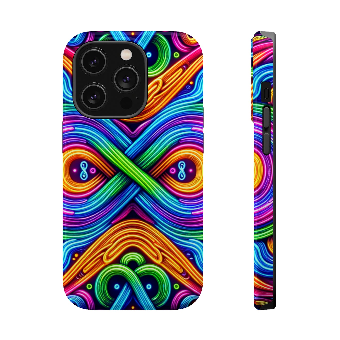 Cosmic Neon Infinity Spectacular. Neon Trippy Infinity Patterns Premium Art Magsafe Magnet Tough IPhone 13 14 15 Pro Plus Max and Mini in Matte and Glossy Phone cases