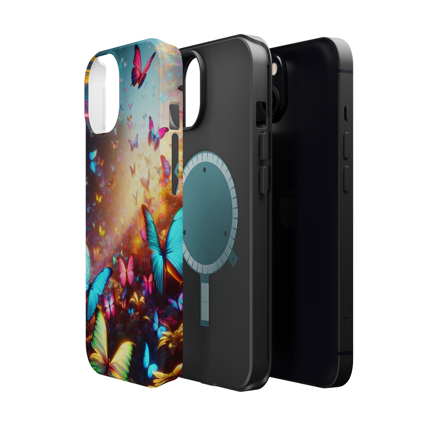 "Neon Butterfly Blooms" Neon Butterflies Premium Art Magsafe Magnet Tough IPhone 13 14 15 Pro Plus Max and Mini in Matte and Glossy Phone cases