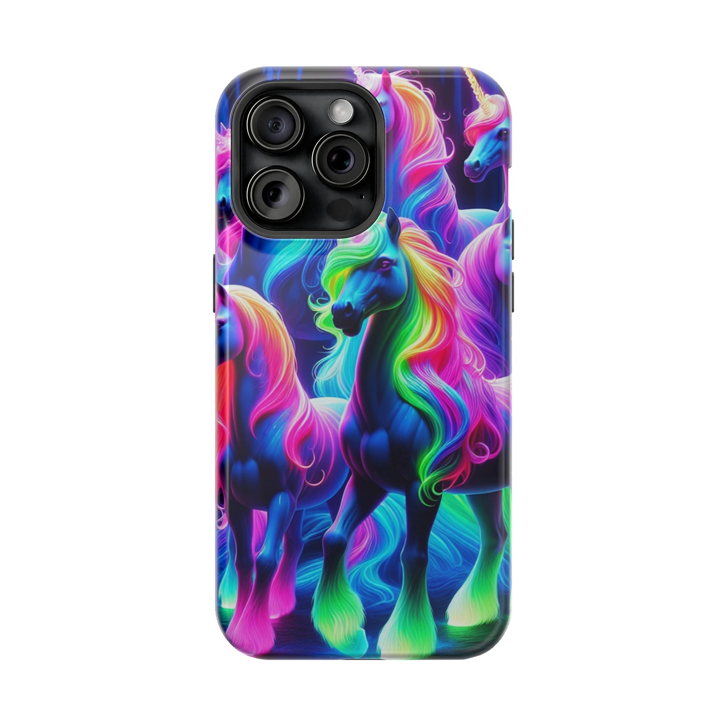 Neon Magic Skies - Unicorn Gang. Neon Unicorns Premium Art Magsafe Magnet Tough IPhone 13 14 15 Pro Plus Max and Mini in Matte and Glossy Phone cases