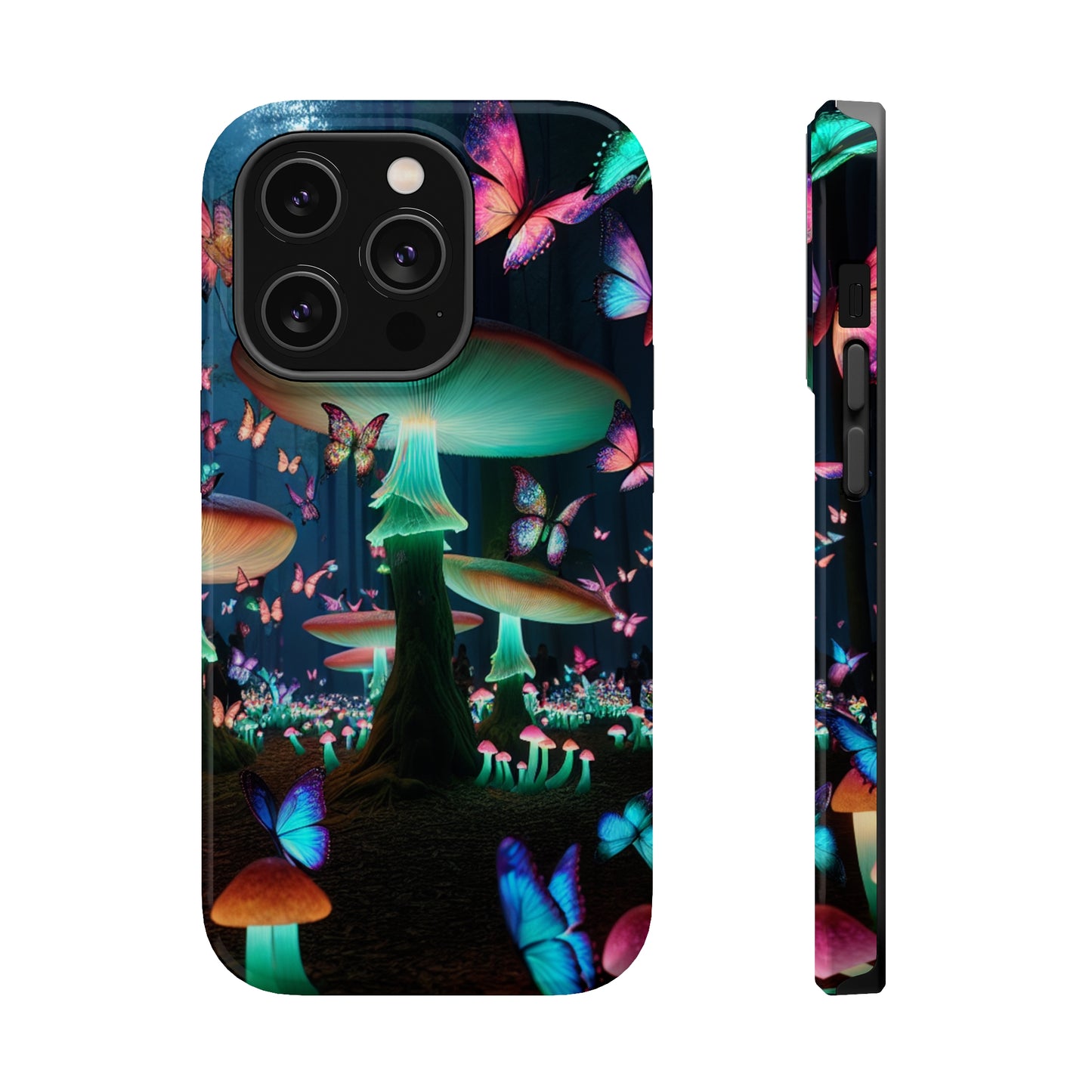 Neon Garden Delight. Neon Butterflies and Mushrooms Premium Art Magsafe Magnet Tough IPhone 13 14 15 Pro Plus Max and Mini in Matte and Glossy Phone cases