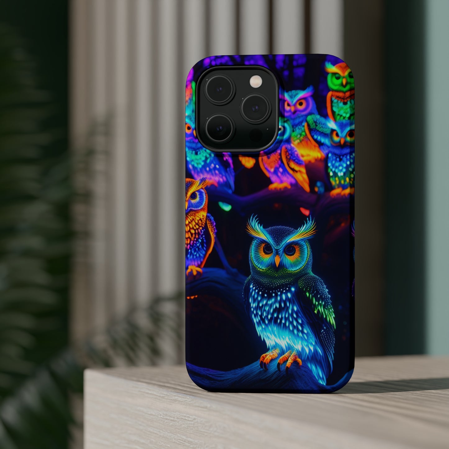 Glowing Neon Clan. Neon Owls Premium Art Magsafe Magnet Tough IPhone 13 14 15 Pro Plus Max and Mini in Matte and Glossy Phone cases