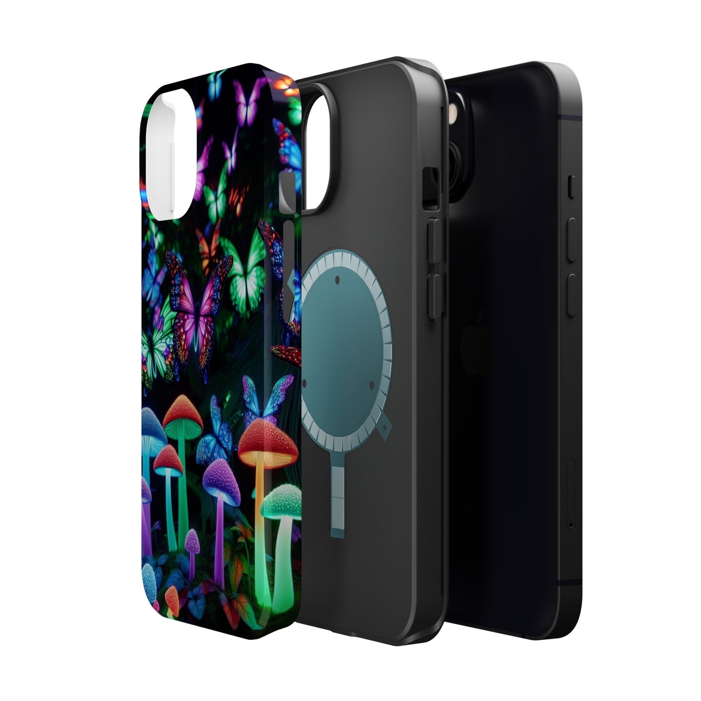 "Neon Burst Wonderland". Neon Butterflies and Mushrooms Premium Art Magsafe Magnet Tough IPhone 13 14 15 Pro Plus Max and Mini in Matte and Glossy Phone cases
