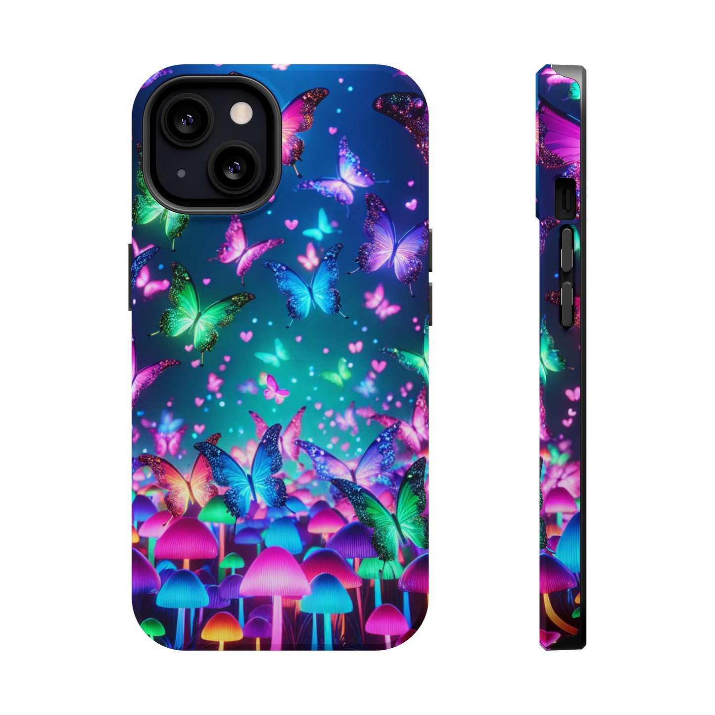 Neon Eden. Neon Butterflies and Mushrooms Premium Art Magsafe Magnet Tough IPhone 13 14 15 Pro Plus Max and Mini in Matte and Glossy Phone cases