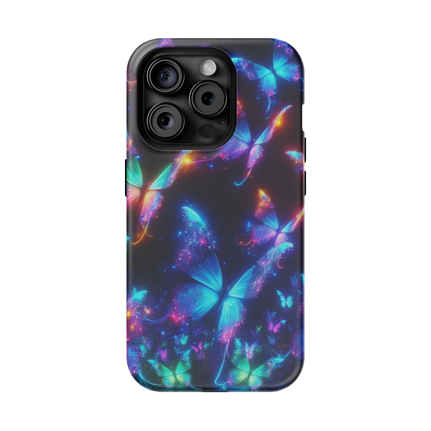 "Electrically Vivid Reverie" Neon Butterflies Premium Art Magsafe Magnet Tough IPhone 13 14 15 Pro Plus Max and Mini in Matte and Glossy Phone cases