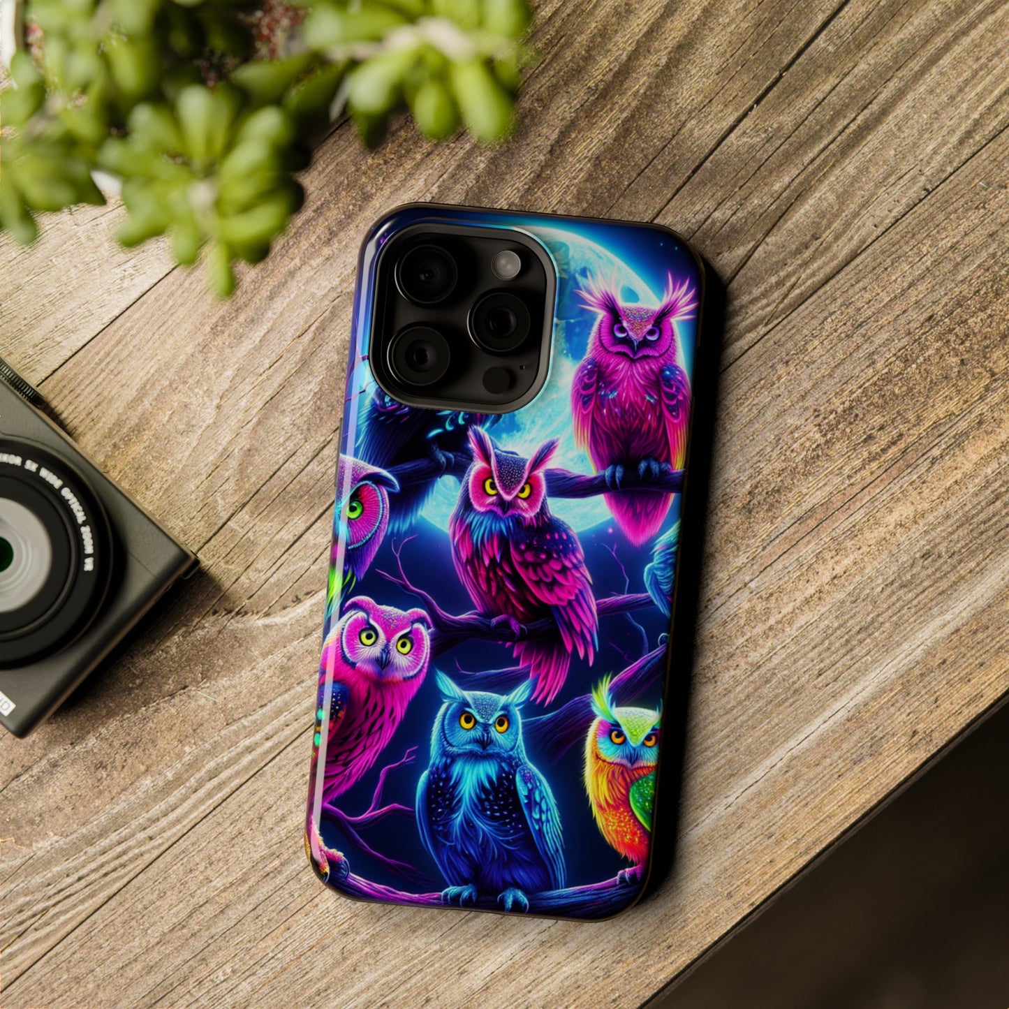 "Neon Splash of Owls" Neon Owls Premium Art Magsafe Magnet Tough IPhone 13 14 15 Pro Plus Max and Mini in Matte and Glossy Phone cases