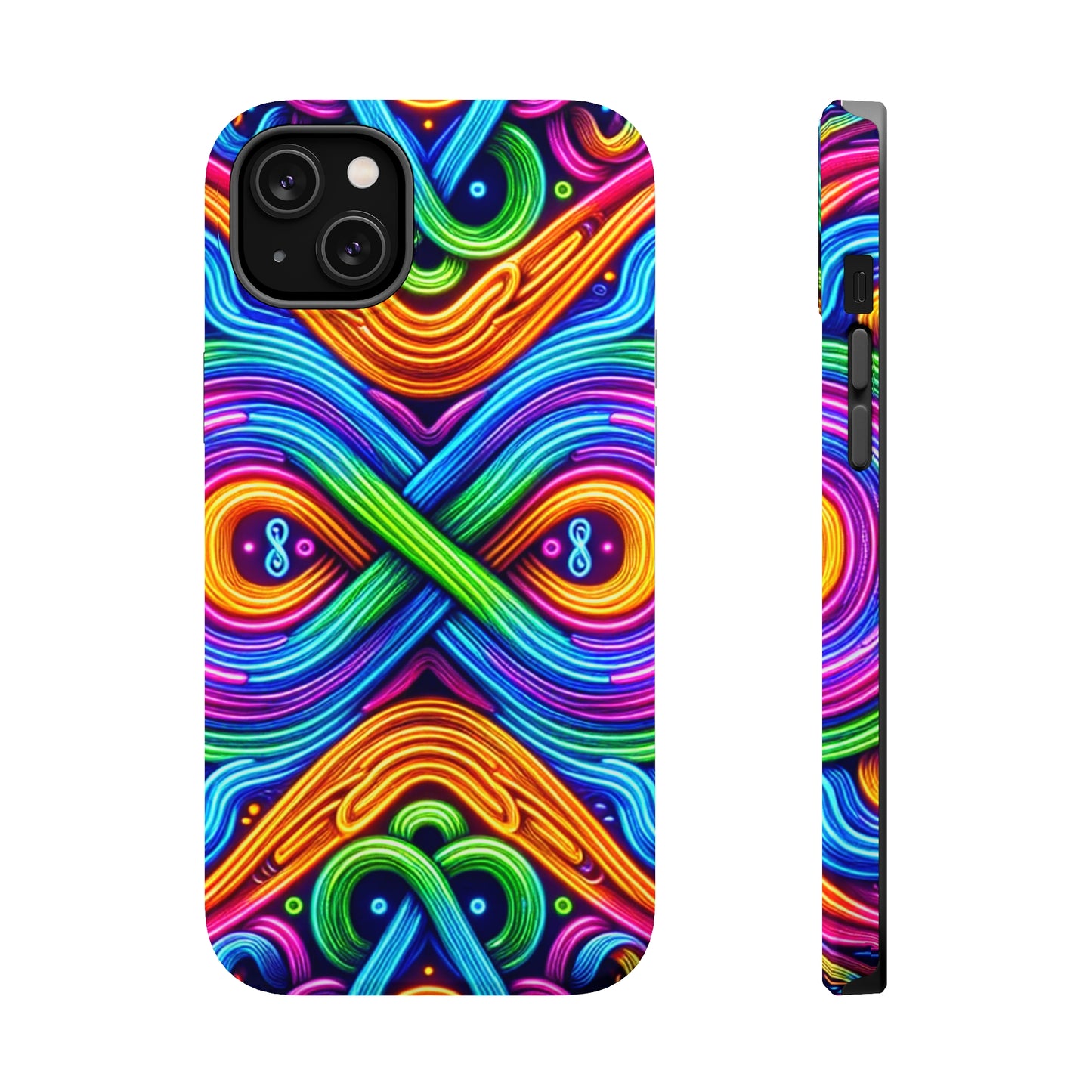 Cosmic Neon Infinity Spectacular. Neon Trippy Infinity Patterns Premium Art Magsafe Magnet Tough IPhone 13 14 15 Pro Plus Max and Mini in Matte and Glossy Phone cases