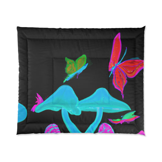"Fantasia of Flourescence" Butterflies & Mushrooms Comforter Blanket