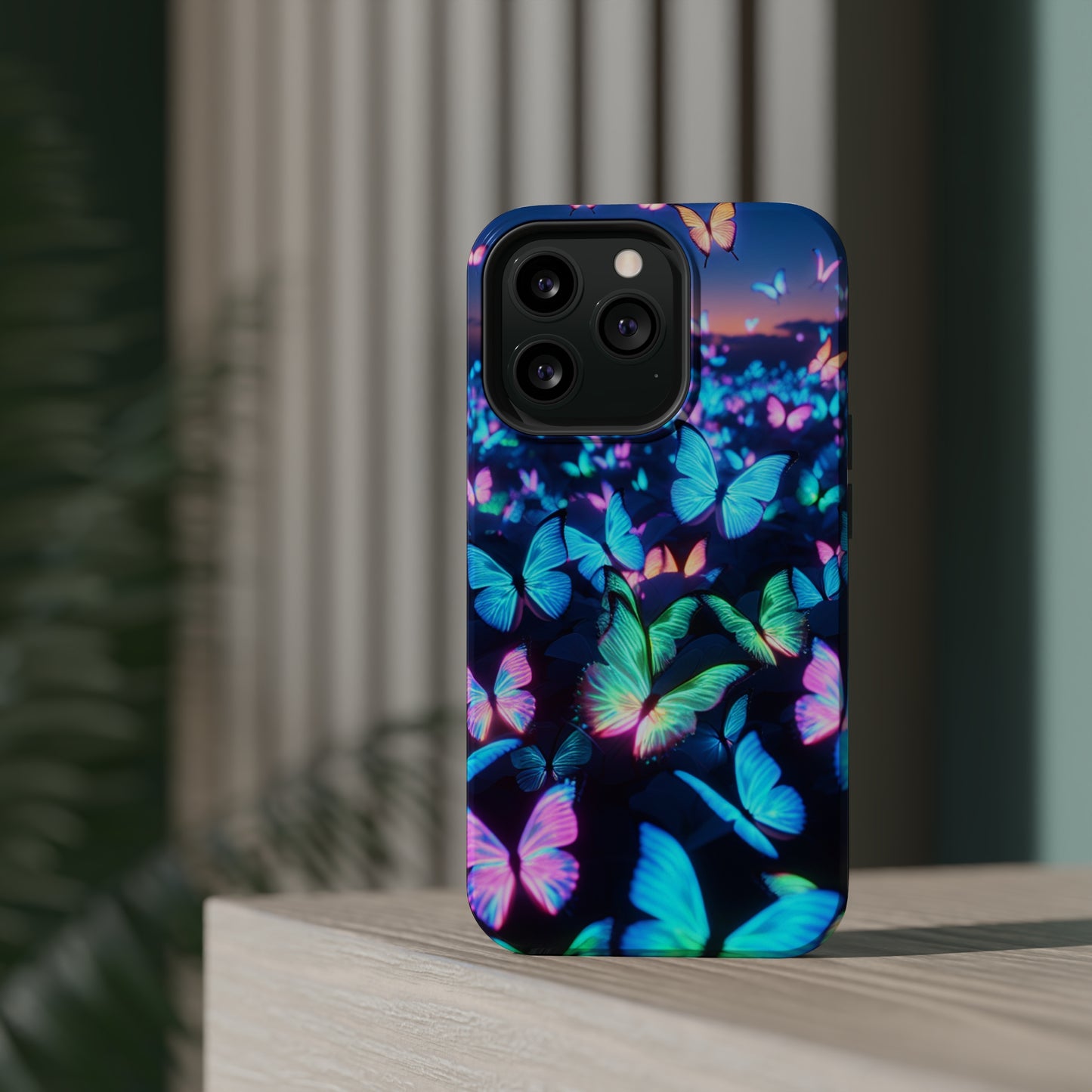 "Fantasia of Neon Butterflies" Neon Butterflies Premium Art Magsafe Magnet Tough IPhone 13 14 15 Pro Plus Max and Mini in Matte and Glossy Phone cases