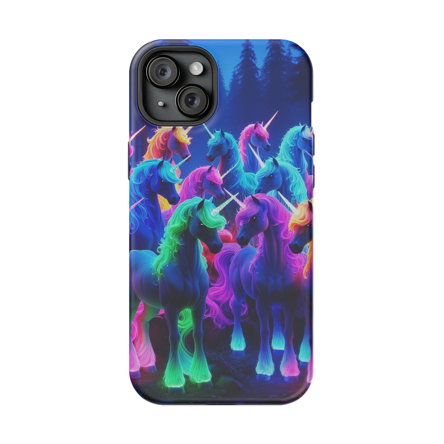 "Neon Fantasyland" Neon Unicorns Premium Art Magsafe Magnet Tough IPhone 13 14 15 Pro Plus Max and Mini in Matte and Glossy Phone cases
