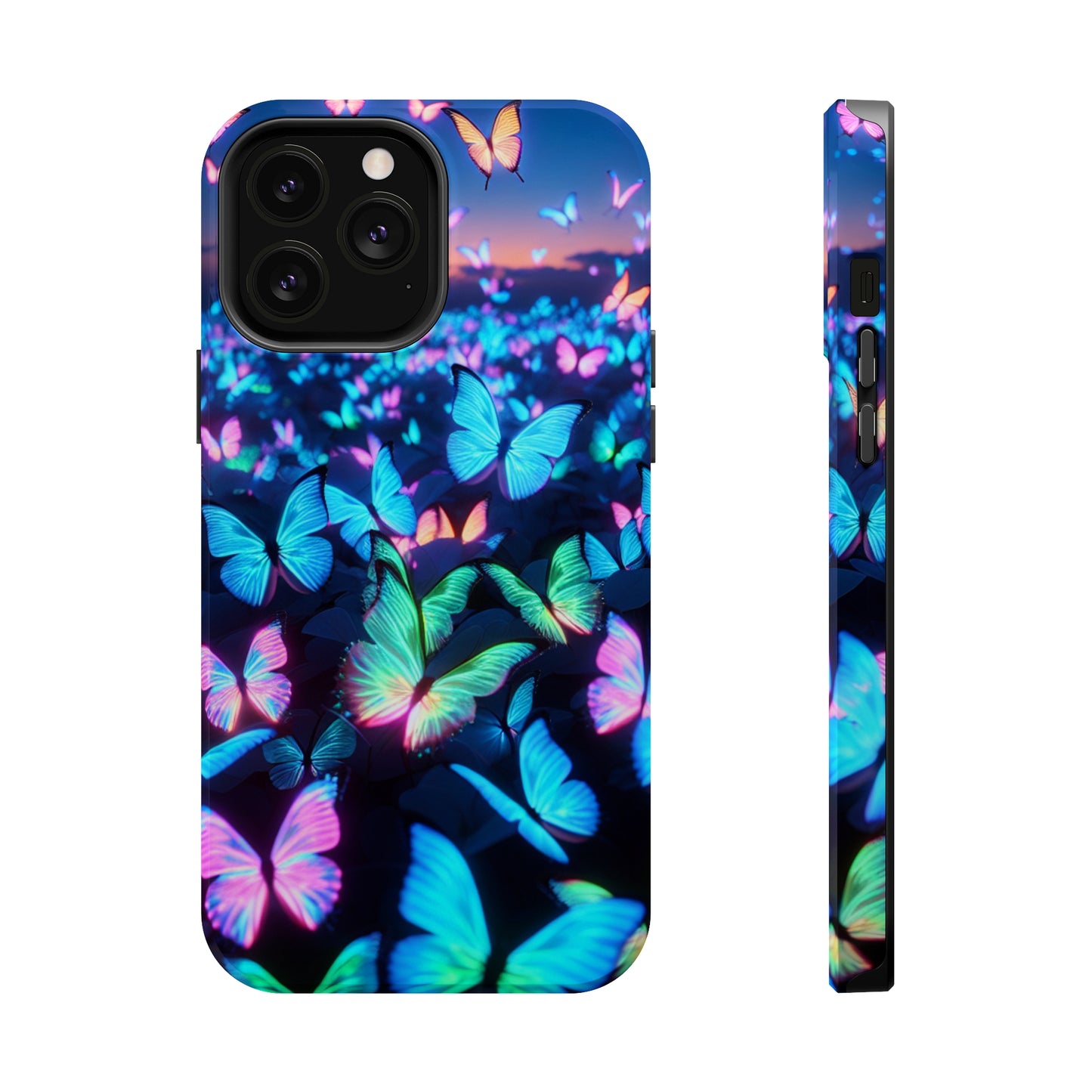 "Fantasia of Neon Butterflies" Neon Butterflies Premium Art Magsafe Magnet Tough IPhone 13 14 15 Pro Plus Max and Mini in Matte and Glossy Phone cases