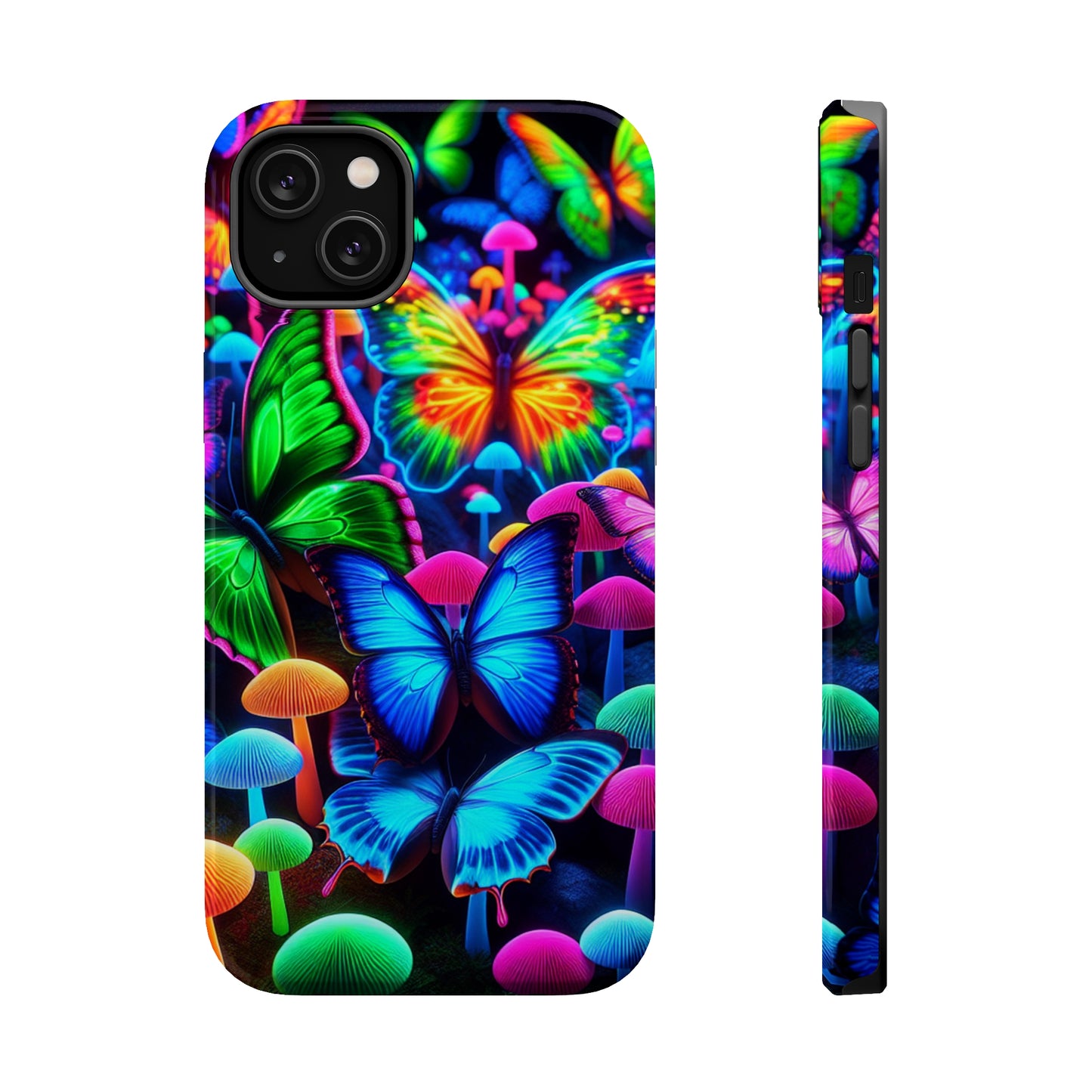 "Fantastic Fruition" Neon Butterflies and Mushrooms Premium Art Magsafe Magnet Tough IPhone 13 14 15 Pro Plus Max and Mini in Matte and Glossy Phone cases