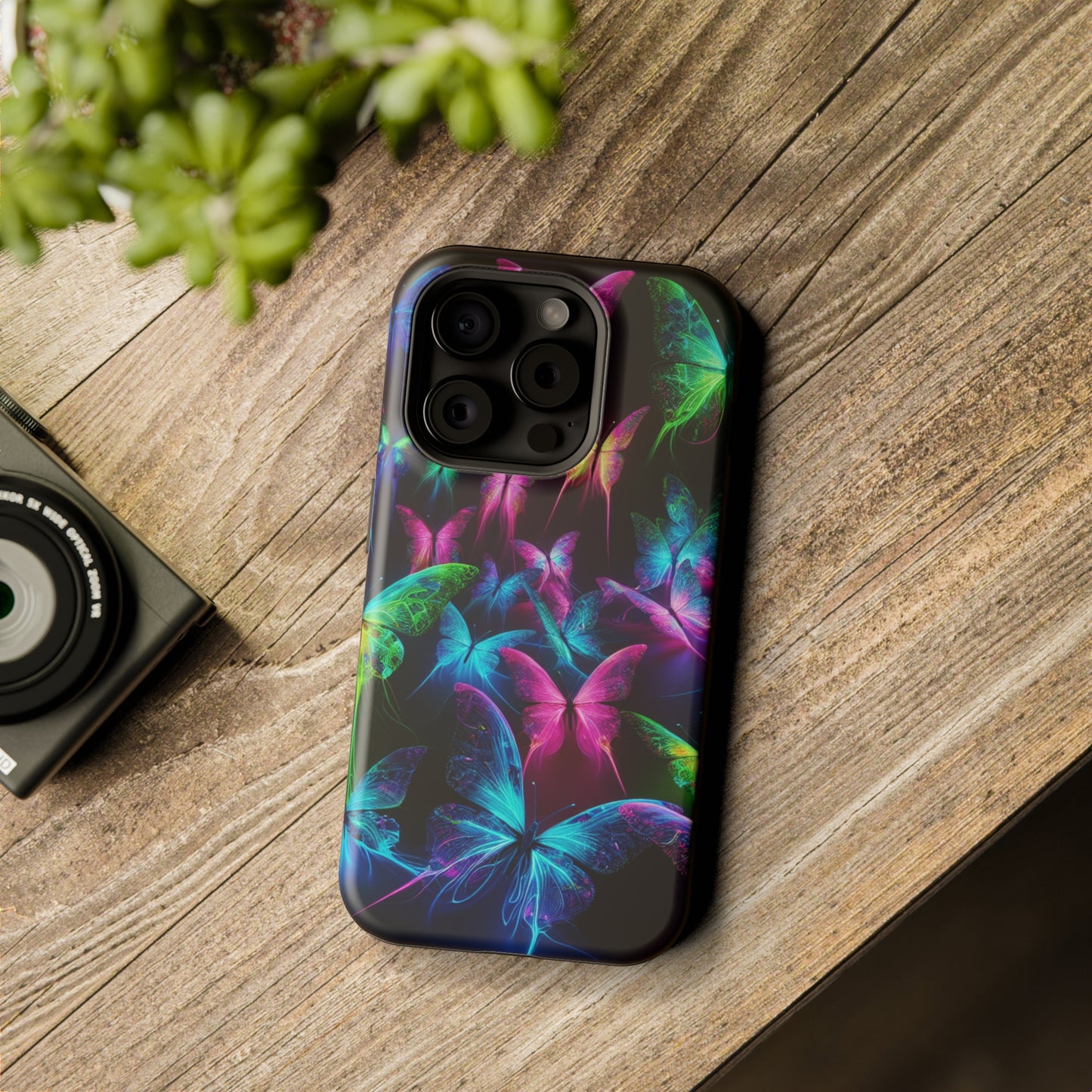 'Euphoria in Neon Flight' Neon Butterflies Premium Art Magsafe Magnet Tough IPhone 13 14 15 Pro Plus Max and Mini in Matte and Glossy Phone cases